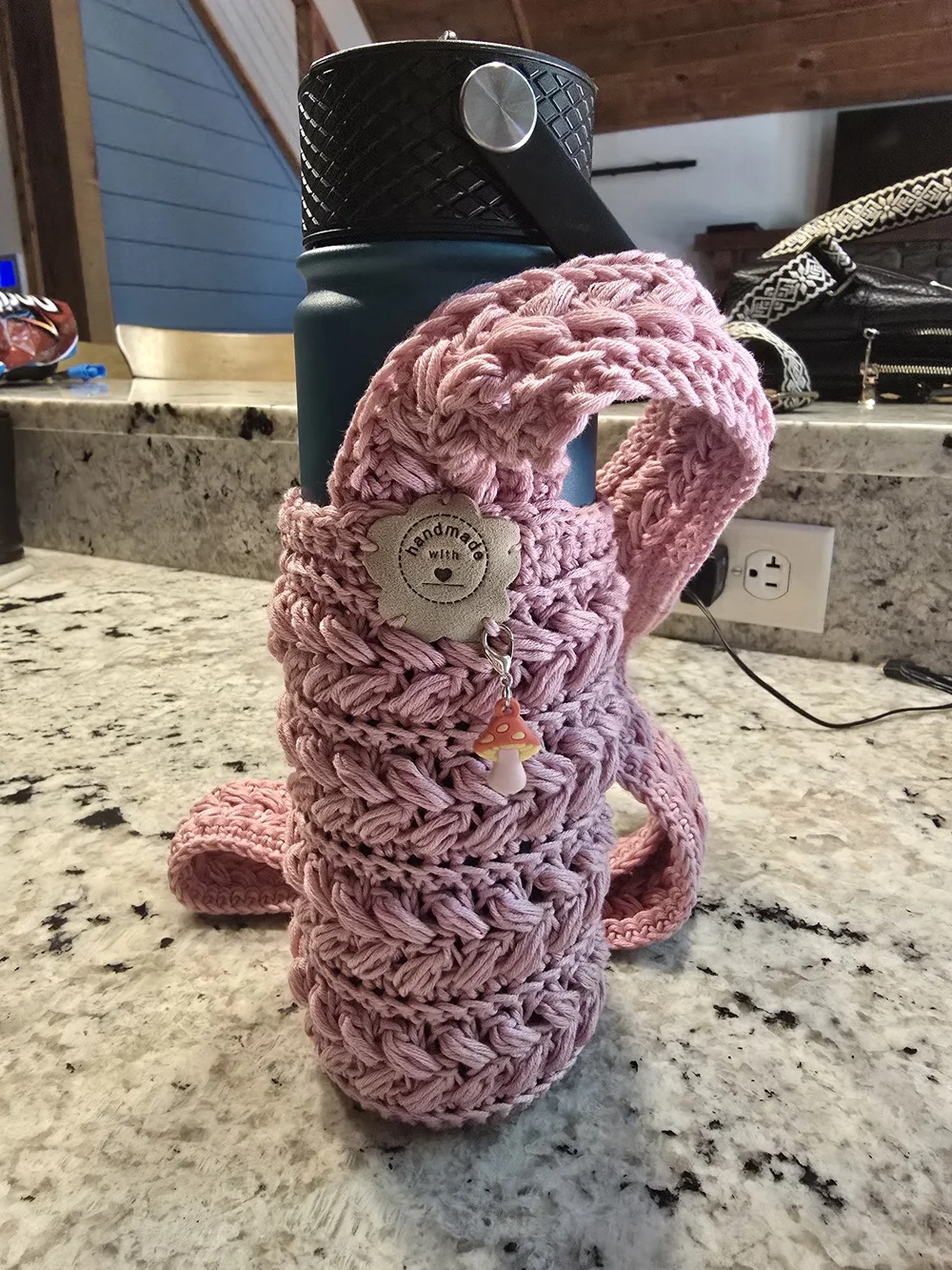 Handmade Rose Crochet Water Bottle Carrier with Cross Body Strap